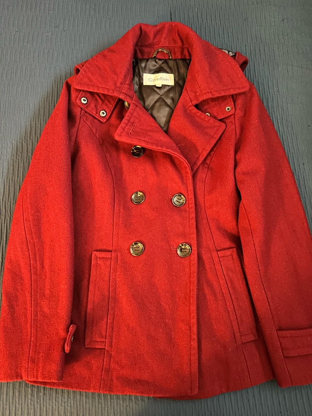 Calvin Klein Red Double-Breasted Pea Coat with Gold Buttons